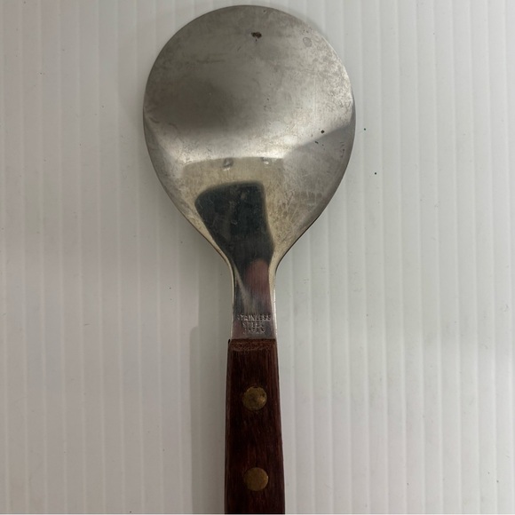 Vintage MCM Wooden Handle Serving Spoon 13” Long Replacement Stainless Steel - Picture 3 of 7
